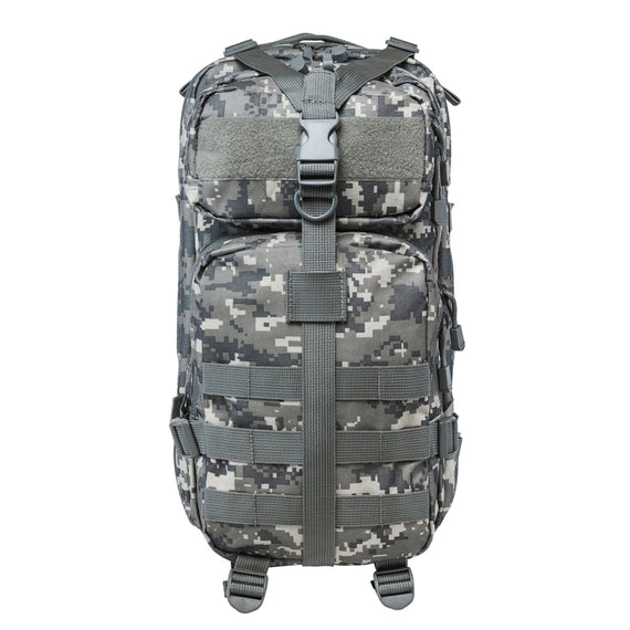 Small tactical backpack in digital camouflage with MOLLE webbing, multiple zippered storage compartments, adjustable shoulder straps and front patch panel.