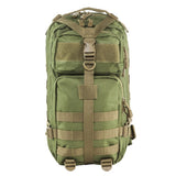 Small tactical backpack in olive green with tan trim featuring multiple zippered compartments, front utility pocket, adjustable padded shoulder straps, and rugged compact construction for hiking, travel, everyday carry, or emergency preparedness gear.