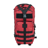 Small tactical backpack in red featuring multiple zippered storage compartments, front utility pocket, adjustable padded shoulder straps, and rugged compact construction for everyday carry, travel, hiking, or emergency preparedness gear.