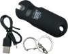 Black smart stun gun shown with all included contents laid out, such as charging cable, holster, and instruction manual.