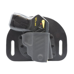 Right‑handed SnapSlide OWB holster shown with a TASER Pulse fully inserted, displaying secure fit and molded retention.
