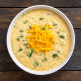 ReadyWise cheddar broccoli soup mix displayed insdie bowl served and ready to eat
