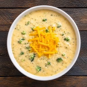 ReadyWise cheddar broccoli soup mix displayed insdie bowl served and ready to eat