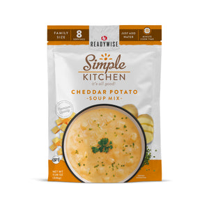 ReadyWise cheddar potato soup Mmx 6 count case featuring shelf-stable soup pouches for emergency preparedness, food storage, and family meals