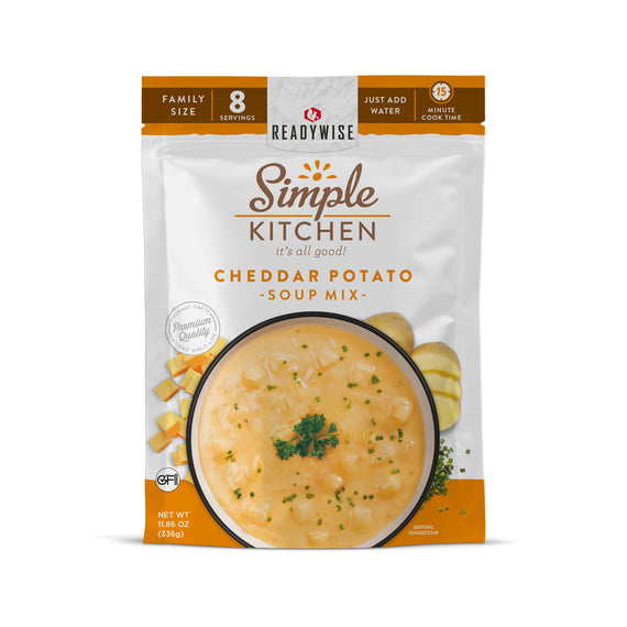 ReadyWise cheddar potato soup Mmx 6 count case featuring shelf-stable soup pouches for emergency preparedness, food storage, and family meals