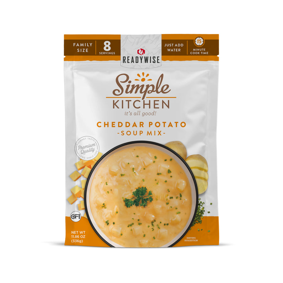 ReadyWise cheddar potato soup Mmx 6 count case featuring shelf-stable soup pouches for emergency preparedness, food storage, and family meals