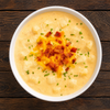 ReadyWise cheddar potato soup shown inside a bowl served ready to eat