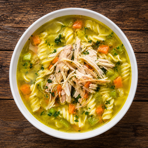 ReadyWise chicken noodle soup mix shown served inside a bowl and ready‑to‑eat 