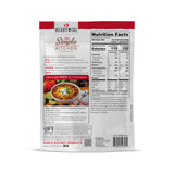 ReadyWise hearty chili soup mix shown with packaging, ingredient details, and shelf‑stable pouches for nutrition facts and calories per serving