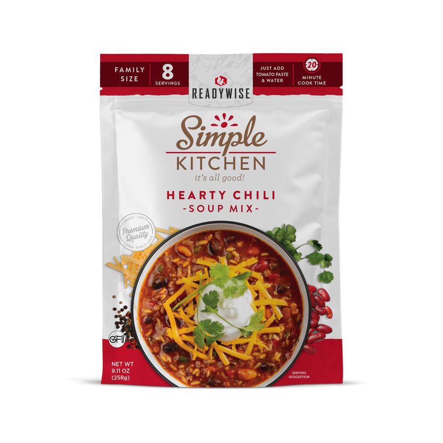 ReadyWise hearty chili soup mix 6 count case featuring shelf-stable chili pouches for emergency preparedness, pantry storage, and family meals