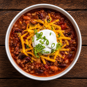 ReadyWise hearty chili soup mix shown served inside a bowl and ready‑to‑eat 