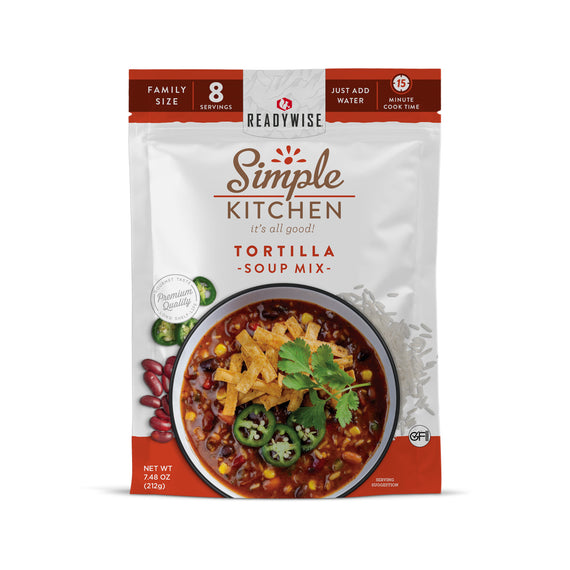 ReadyWise tortilla soup mix 6 count case featuring shelf-stable soup pouches for emergency preparedness, food storage, and family meals