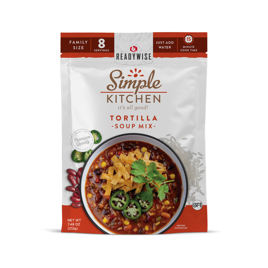 ReadyWise tortilla soup mix 6 count case featuring shelf-stable soup pouches for emergency preparedness, food storage, and family meals