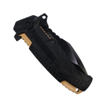 closed folding knife with anodized aluminum handle and emblem design