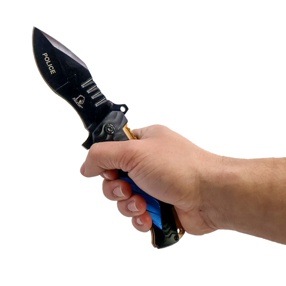 side profile of the folding knife showing textured aluminum handle police version