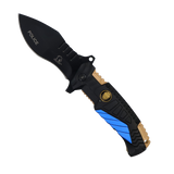 side profile of the folding knife showing textured aluminum handle police version