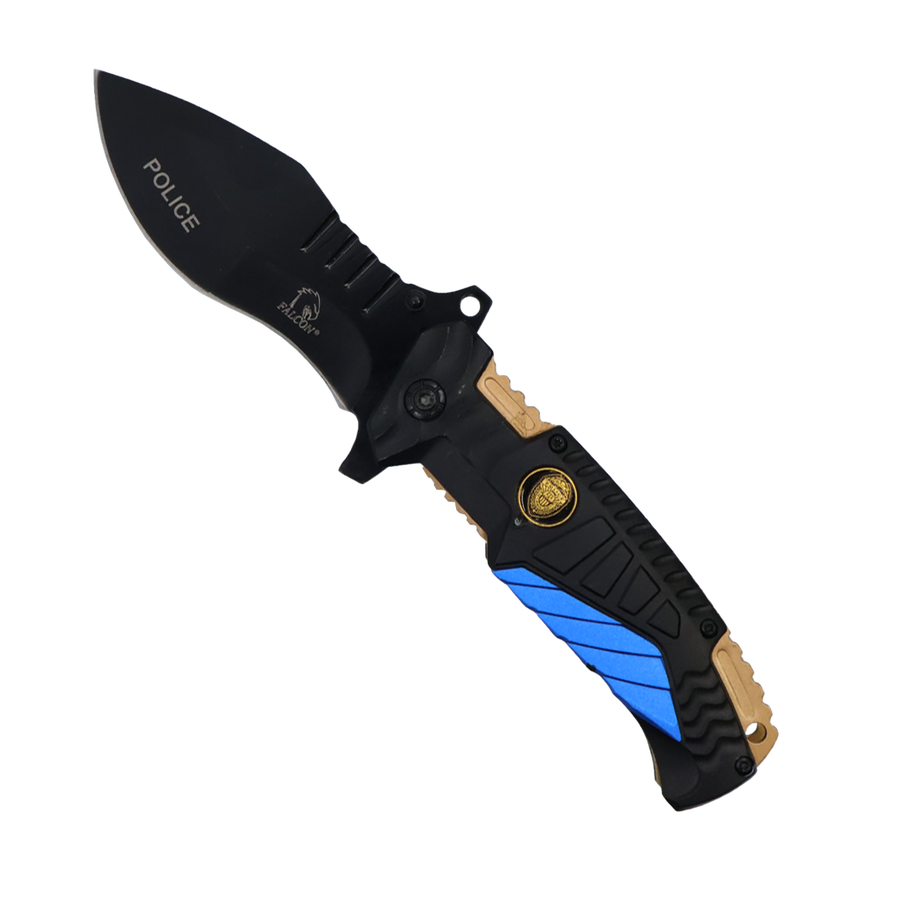 side profile of the folding knife showing textured aluminum handle police version