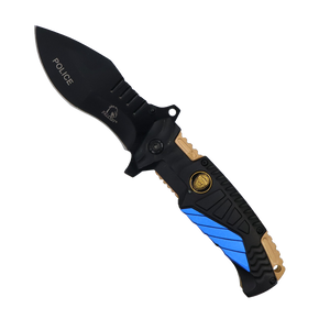 side profile of the folding knife showing textured aluminum handle police version