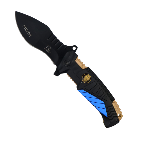 side profile of the folding knife showing textured aluminum handle police version