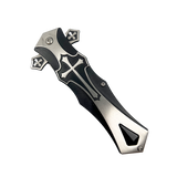 vlosed Knight folding knife with black and silver aluminum handle and belt clip