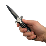 open Knight folding knife with black and silver aluminum handle and belt clip