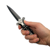 open Knight folding knife with black and silver aluminum handle and belt clip