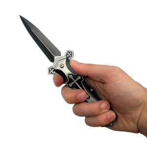 open Knight folding knife with black and silver aluminum handle and belt clip