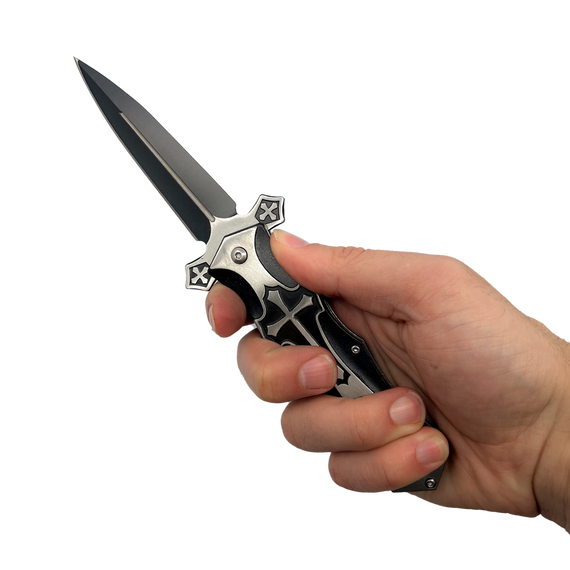 5-inch spring‑assisted Knight folding knife shown open with black and silver handle
