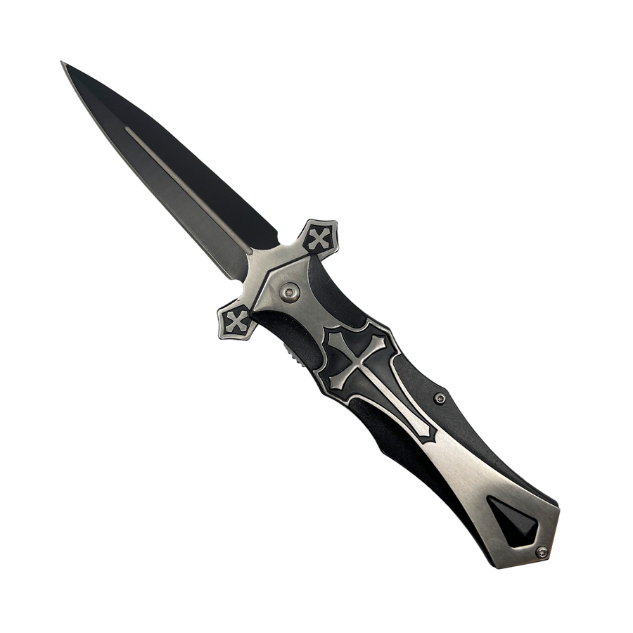 5-inch spring‑assisted Knight folding knife shown open with black and silver handle