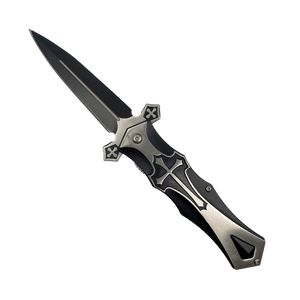 5-inch spring‑assisted Knight folding knife shown open with black and silver handle