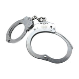 NIJ‑rated stainless steel handcuffs displayed fully open, highlighting the smooth metal finish and locking teeth.