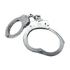 NIJ‑rated stainless steel handcuffs displayed fully open, highlighting the smooth metal finish and locking teeth.