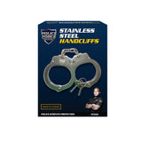 Front panel of the packaging displaying the stainless steel NIJ handcuffs, included keys, and printed specifications.