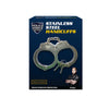 Front panel of the packaging displaying the stainless steel NIJ handcuffs, included keys, and printed specifications.