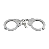 Police Force stainless steel NIJ handcuffs with double-lock mechanism, solid steel construction, and two matching keys.