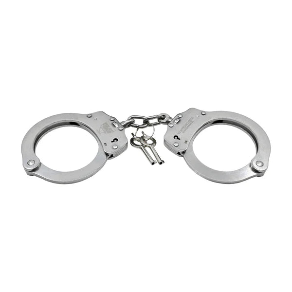 Police Force stainless steel NIJ handcuffs with double-lock mechanism, solid steel construction, and two matching keys.