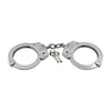 Police Force stainless steel NIJ handcuffs with double-lock mechanism, solid steel construction, and two matching keys.