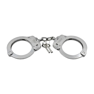 Police Force stainless steel NIJ handcuffs with double-lock mechanism, solid steel construction, and two matching keys.