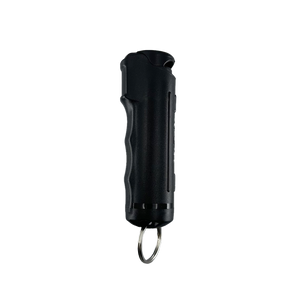 black defensive spray canister displayed from a straight‑on angle