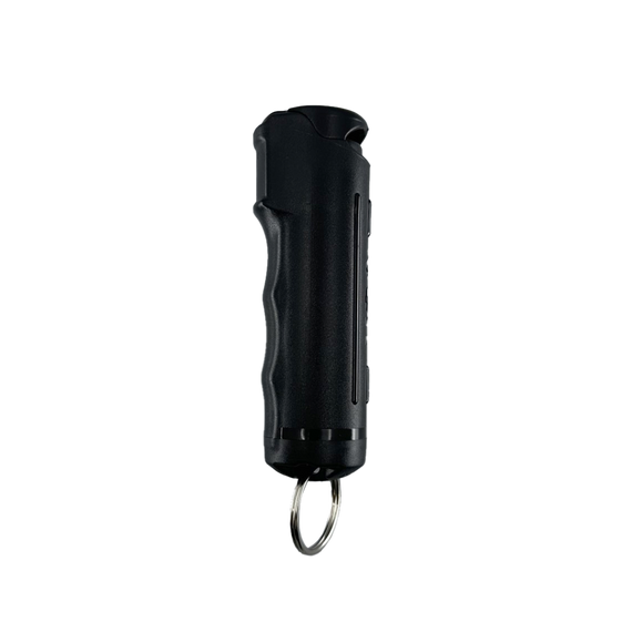 black defensive spray canister displayed from a straight‑on angle