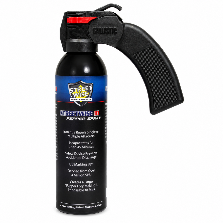 Streetwise 18% Fogger Pepper Spray 16 oz with ergonomic pistol grip, 25-foot range, UV marking dye and safety lock for home security and personal protection.