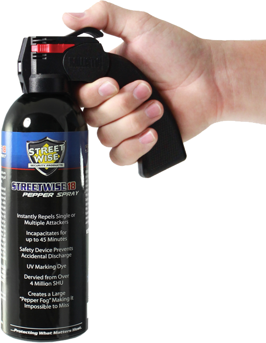 Streetwise 18% Fogger Pepper Spray 16 oz with ergonomic pistol grip, 25-foot range, UV marking dye and safety lock for home security and personal protection.