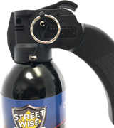 Streetwise 18 fogger pepper spray (16‑oz) shown with pistol‑grip handle and safety pin visible near the trigger assembly.