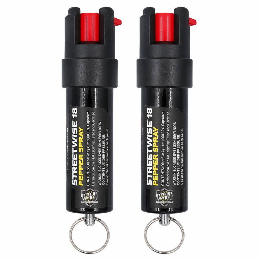 Streetwise 18% Stream Pepper Spray 0.75 oz two-pack with safety lock, keyring, pocket clip and protective hard case for everyday personal protection.