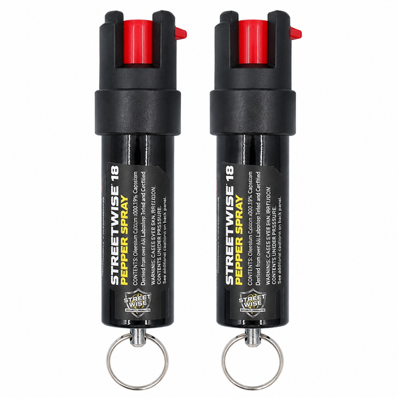Streetwise 18% Stream Pepper Spray 0.75 oz two-pack with safety lock, keyring, pocket clip and protective hard case for everyday personal protection.