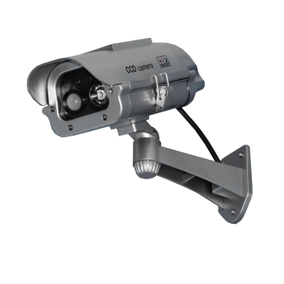 solar-powered dummy security camera with motion-activated strobe light and adjustable outdoor mounting bracket