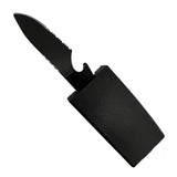 Streetwise black belt self‑defense knife shown in the open position with the blade extended from the buckle compartment.
