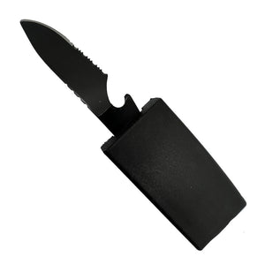 Streetwise black belt self‑defense knife shown in the open position with the blade extended from the buckle compartment.