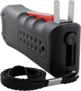 Close‑up image of the Streetwise Black Jack stun gun showing its built‑in charging prongs extended for plugging into a wall outlet.