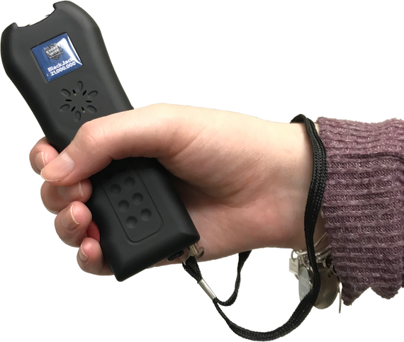 Streetwise Black Jack rechargeable stun gun with LED flashlight, 120 dB alarm, holster and Squeeze-N-Stun technology.